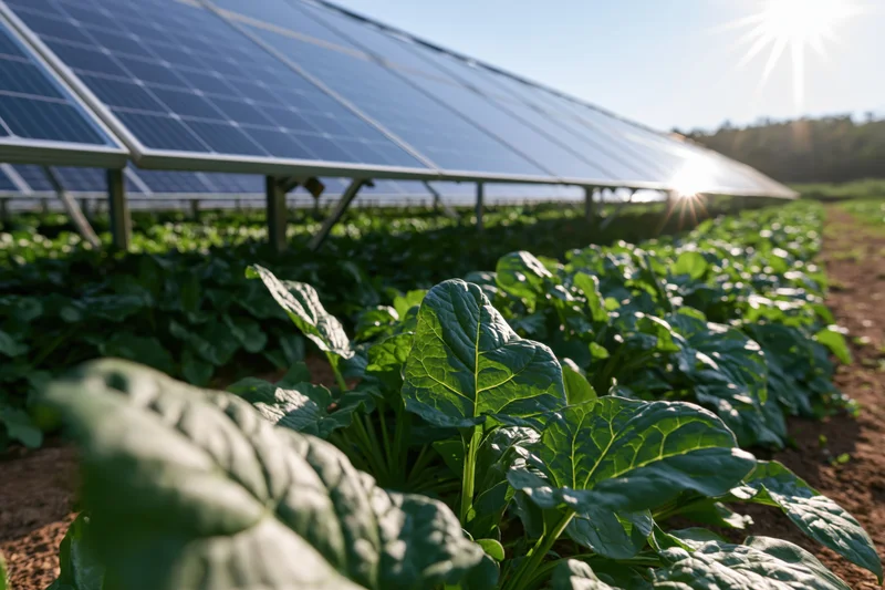 Rows of solar panels over leafy green crops in a farm field under sunlight