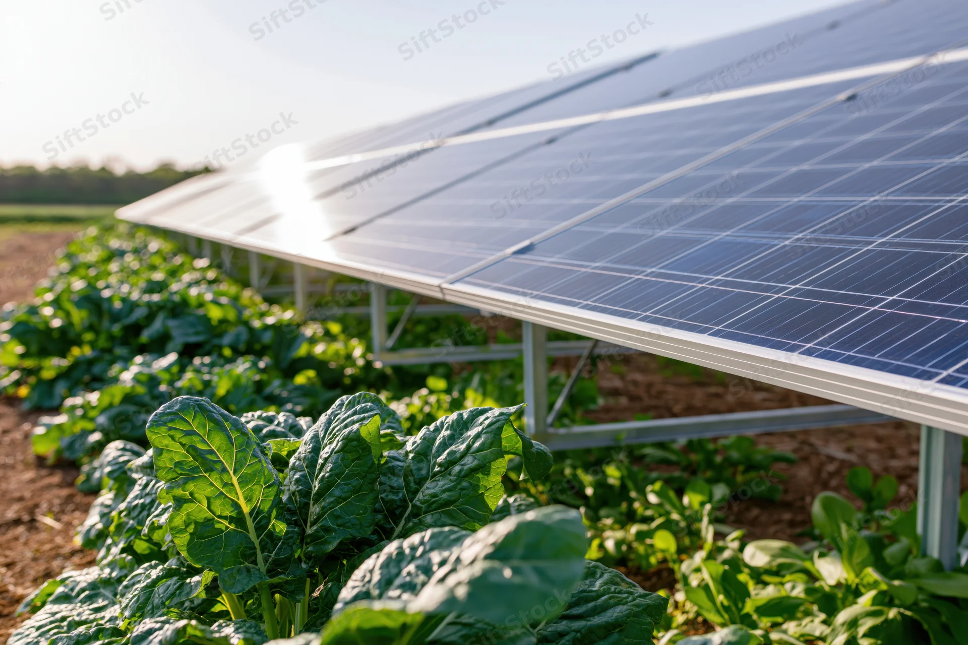 Solar panels mounted on metal frames over rows of leafy green crops in a farm field
