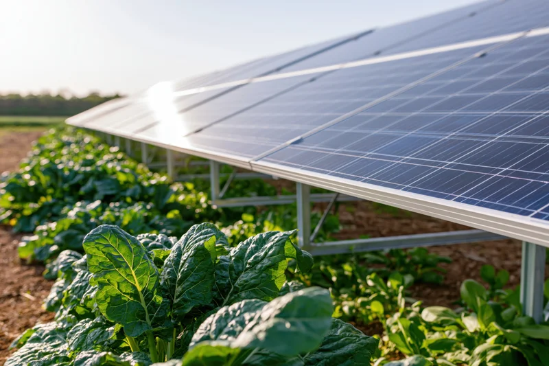 Solar panels mounted on metal frames over rows of leafy green crops in a farm field