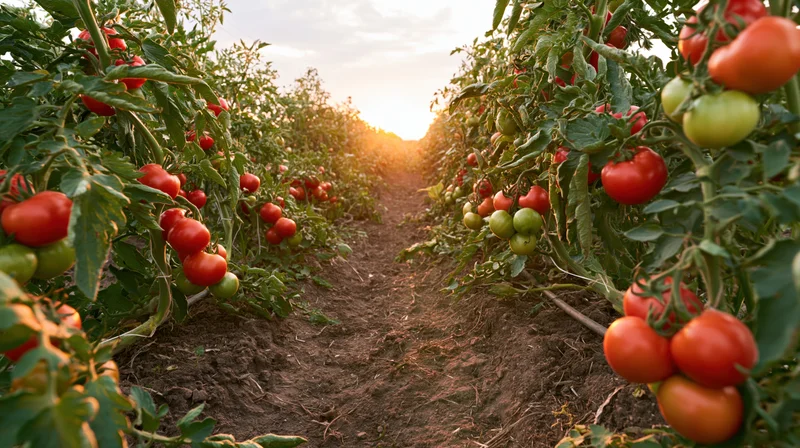 Rows of tomato plants with ripe and unripe tomatoes growing in a field at sunset