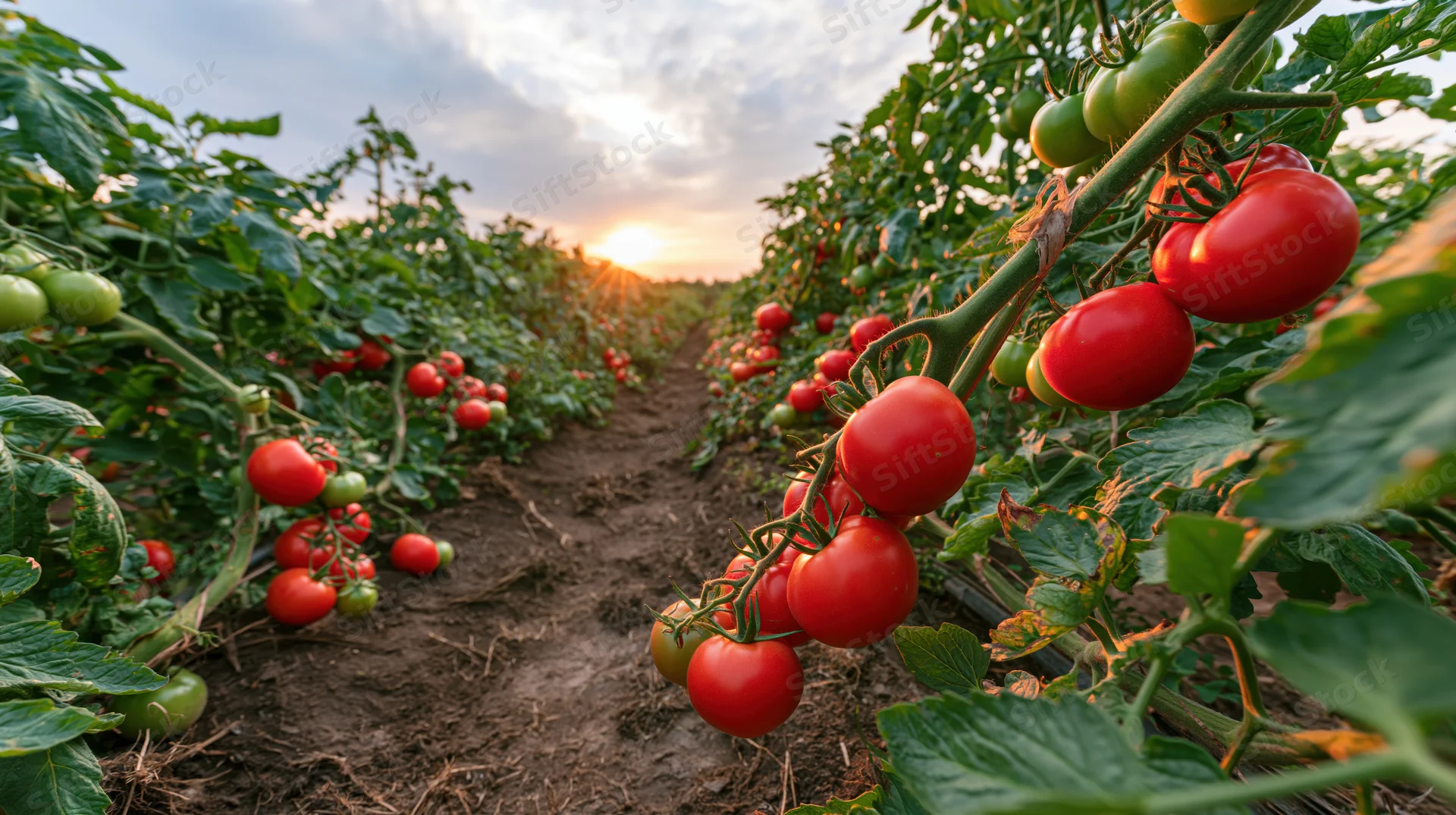 Rows of tomato plants with ripe red and green tomatoes growing in a field at sunset