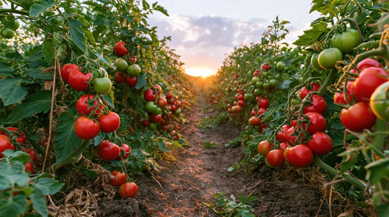 Rows of tomato plants with ripe and unripe tomatoes growing in a field at sunset