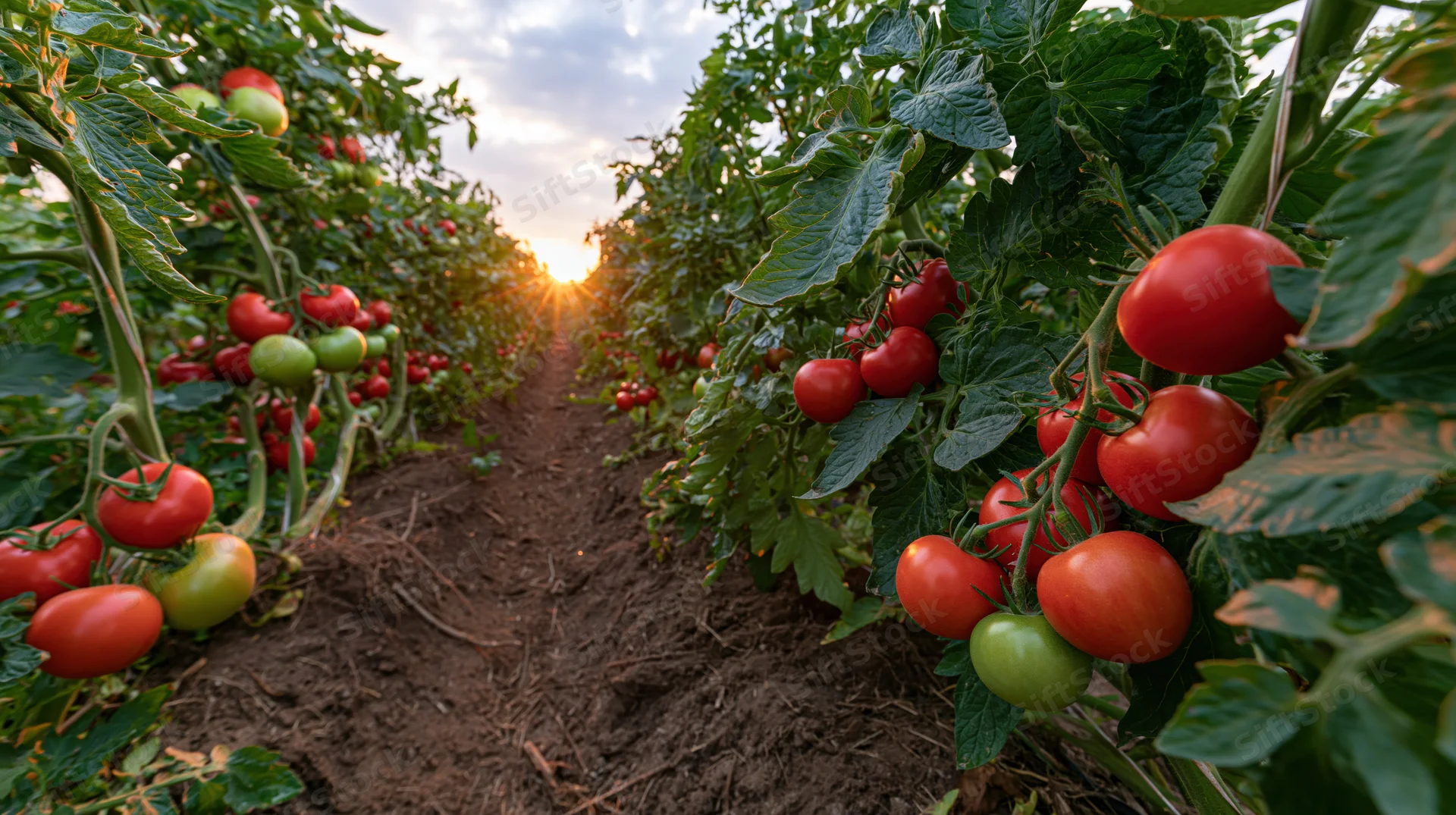Rows of tomato plants with ripe and unripe tomatoes growing in a field at sunset