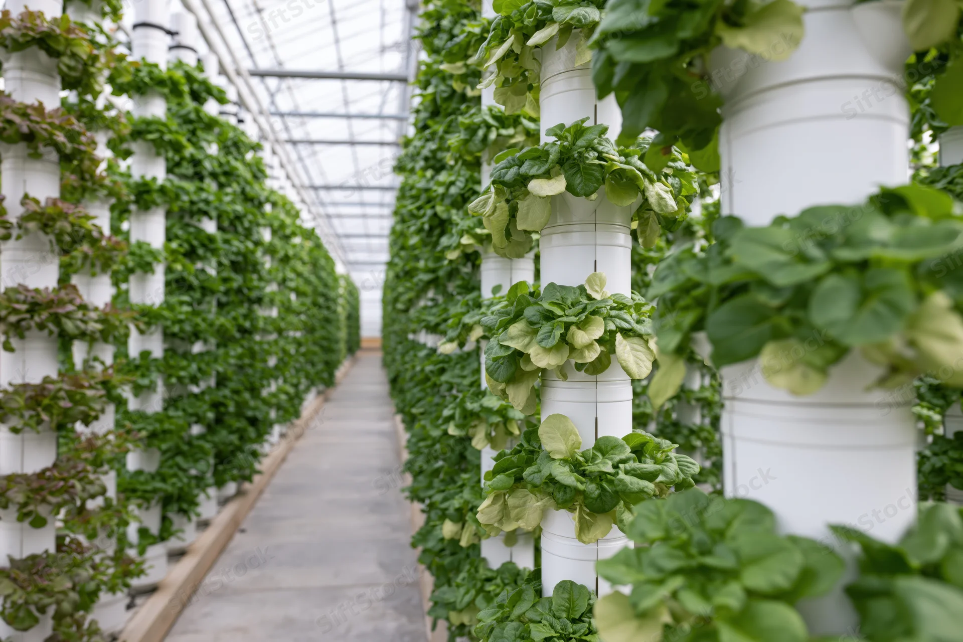 Vertical hydroponic towers growing leafy greens in a greenhouse pathway