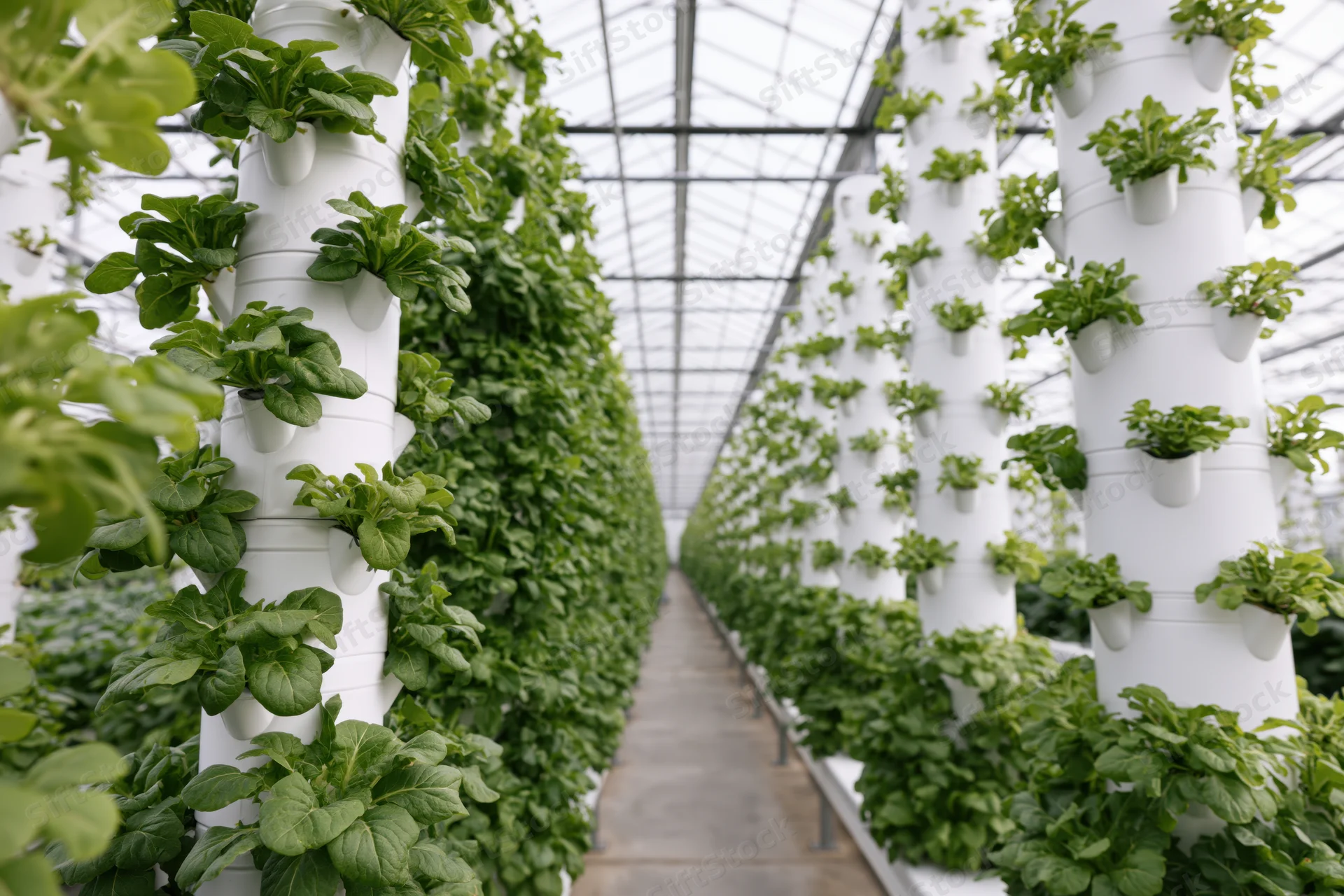 Rows of white vertical hydroponic towers growing leafy green plants in a greenhouse