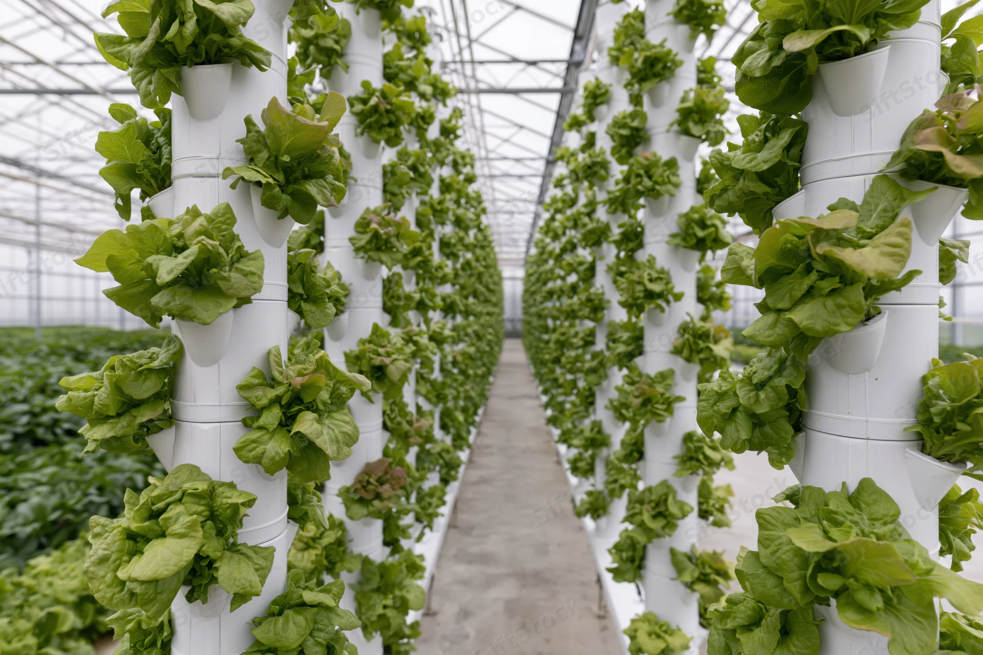 Rows of white vertical hydroponic towers growing leafy greens in a greenhouse