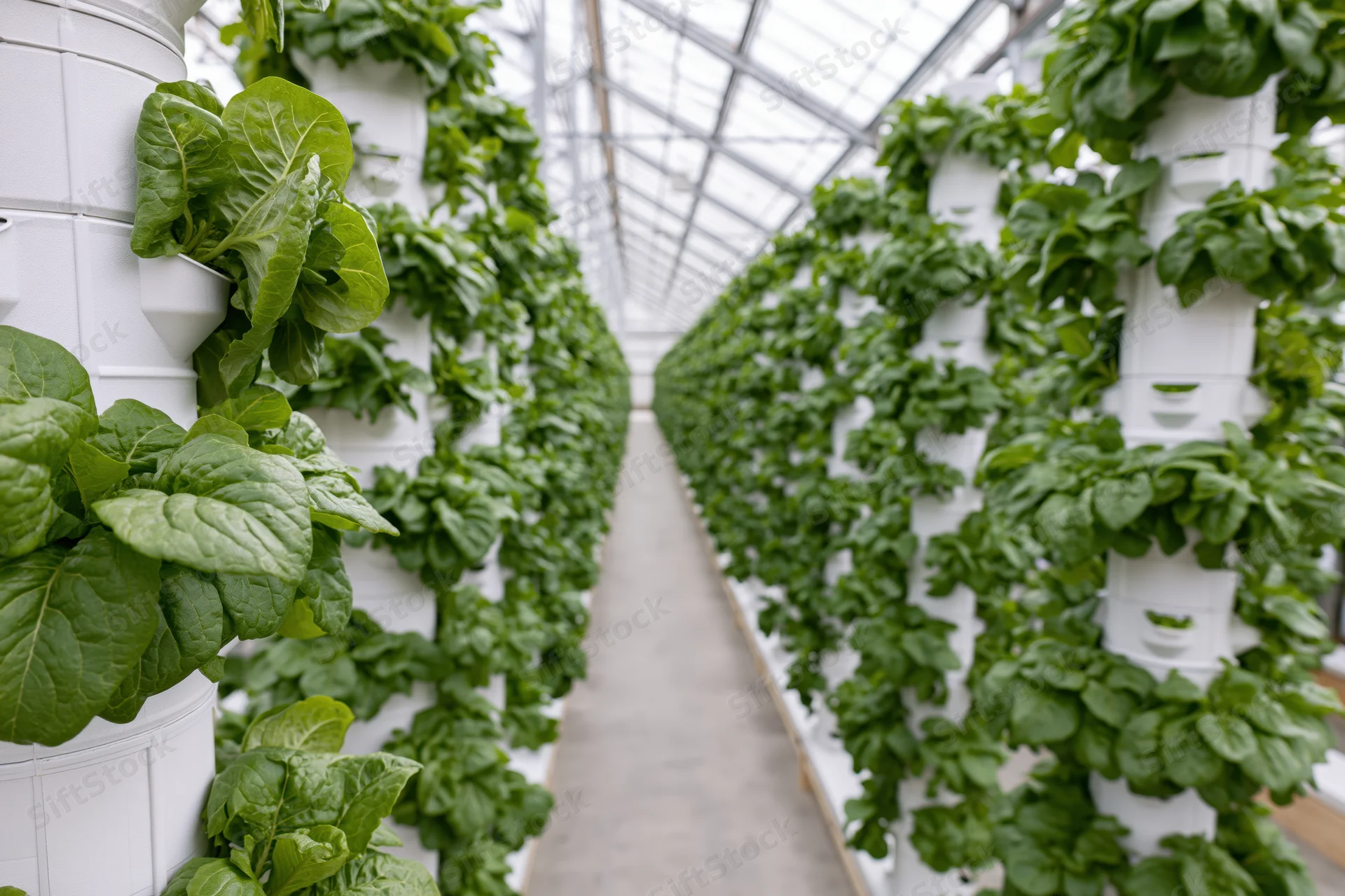 Rows of white vertical hydroponic towers growing leafy greens in a greenhouse