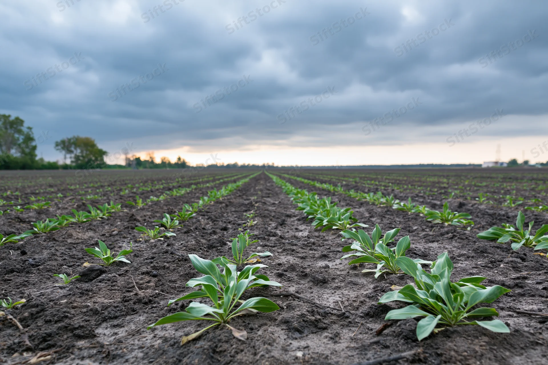 Young green crop seedlings growing in neat rows across a tilled field under an overcast sky