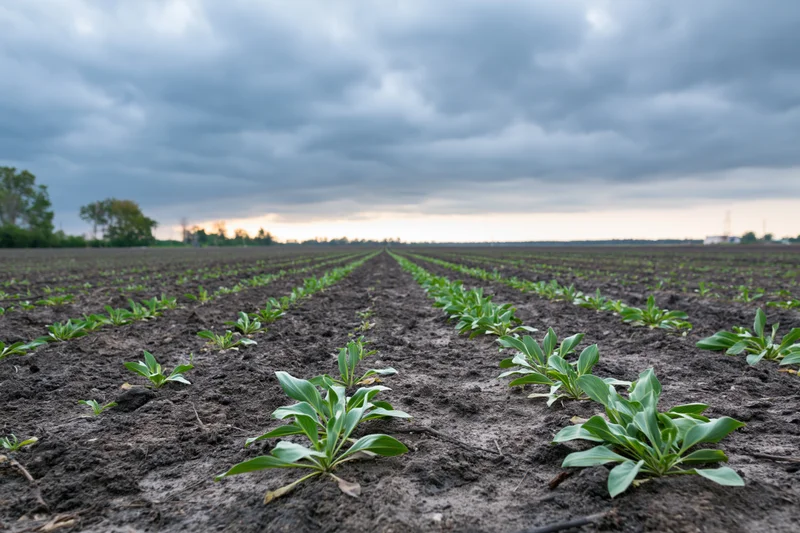 Young green crop seedlings growing in neat rows across a tilled field under an overcast sky