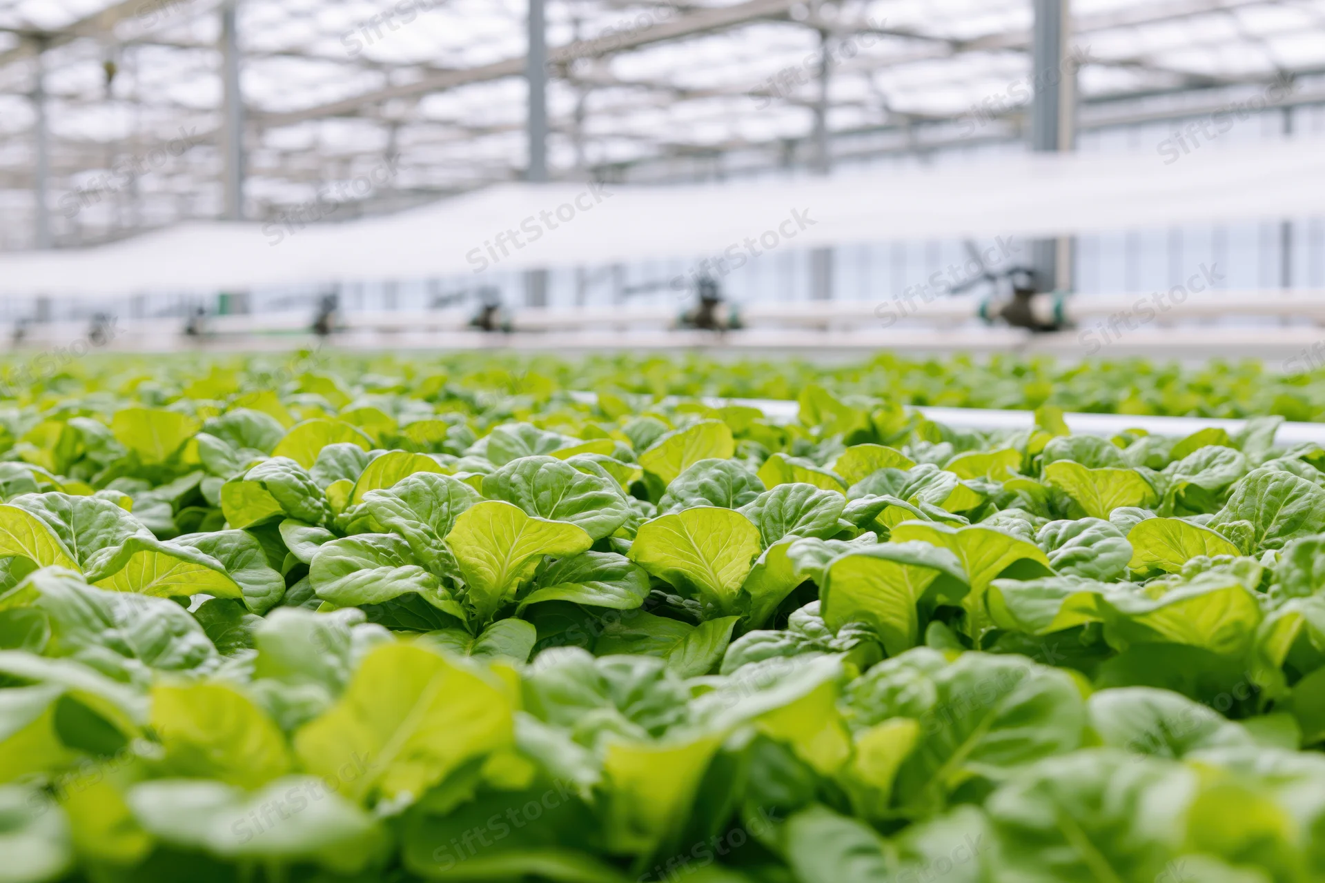 Rows of young green lettuce growing in a large commercial greenhouse