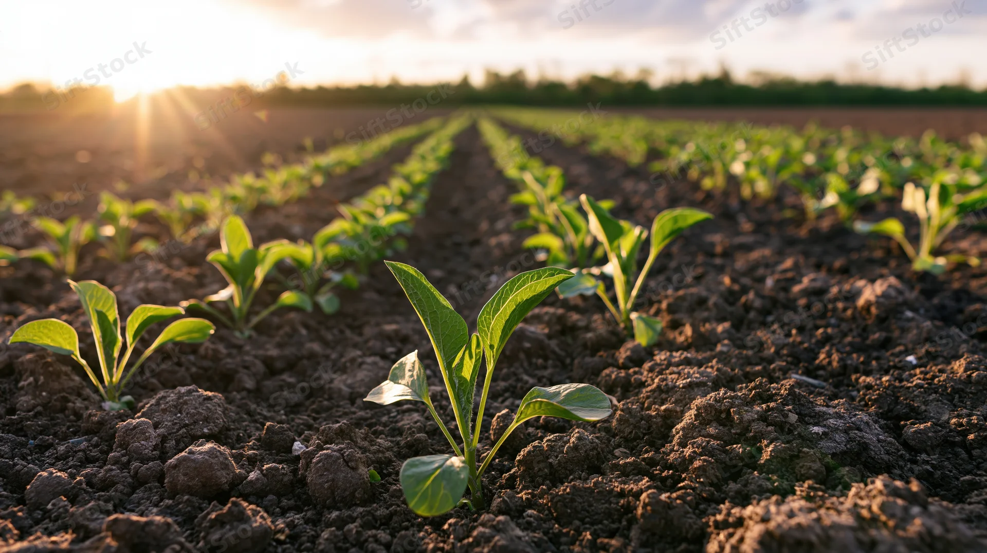 Young green seedlings growing in neat rows across a tilled field at sunrise