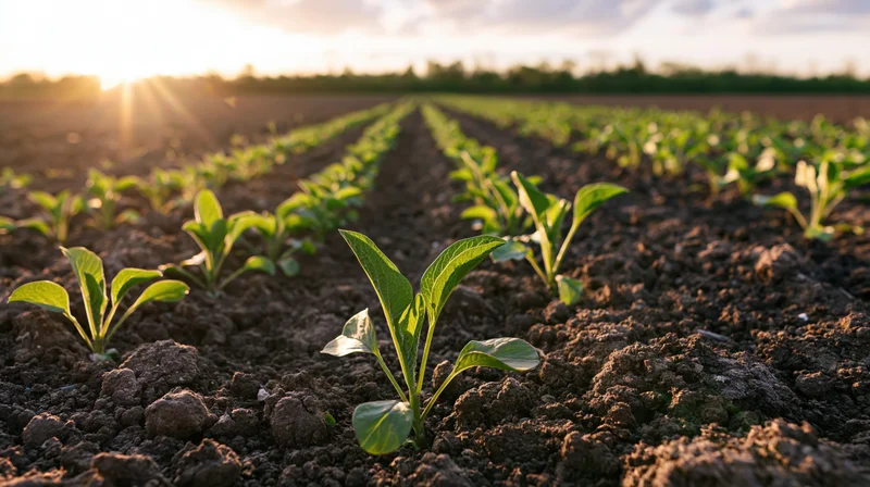 Young green seedlings growing in neat rows across a tilled field at sunrise