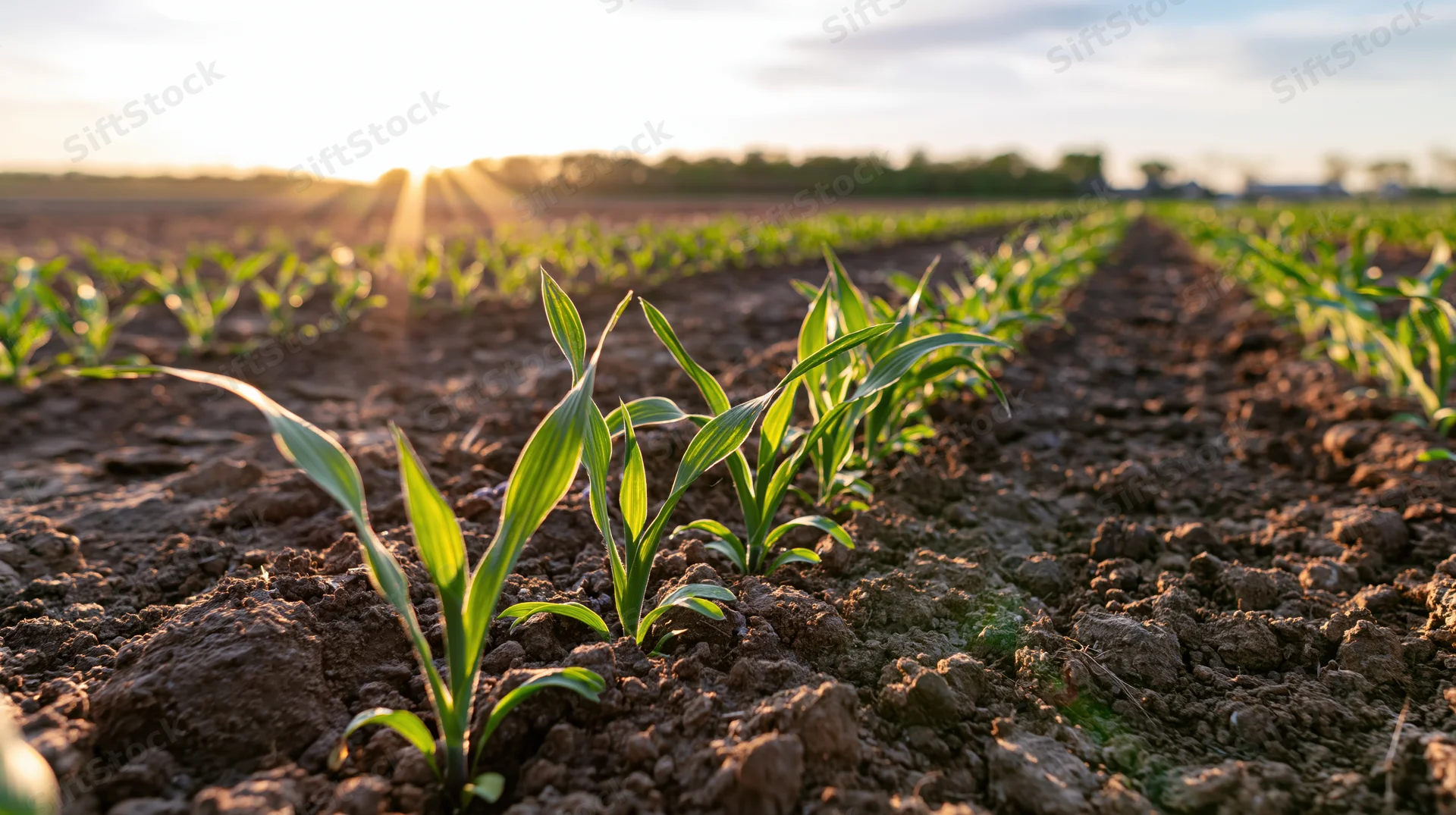 Young green seedlings growing in rows in tilled soil at sunrise in a farm field