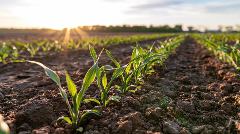 Young green seedlings growing in rows in tilled soil at sunrise in a farm field