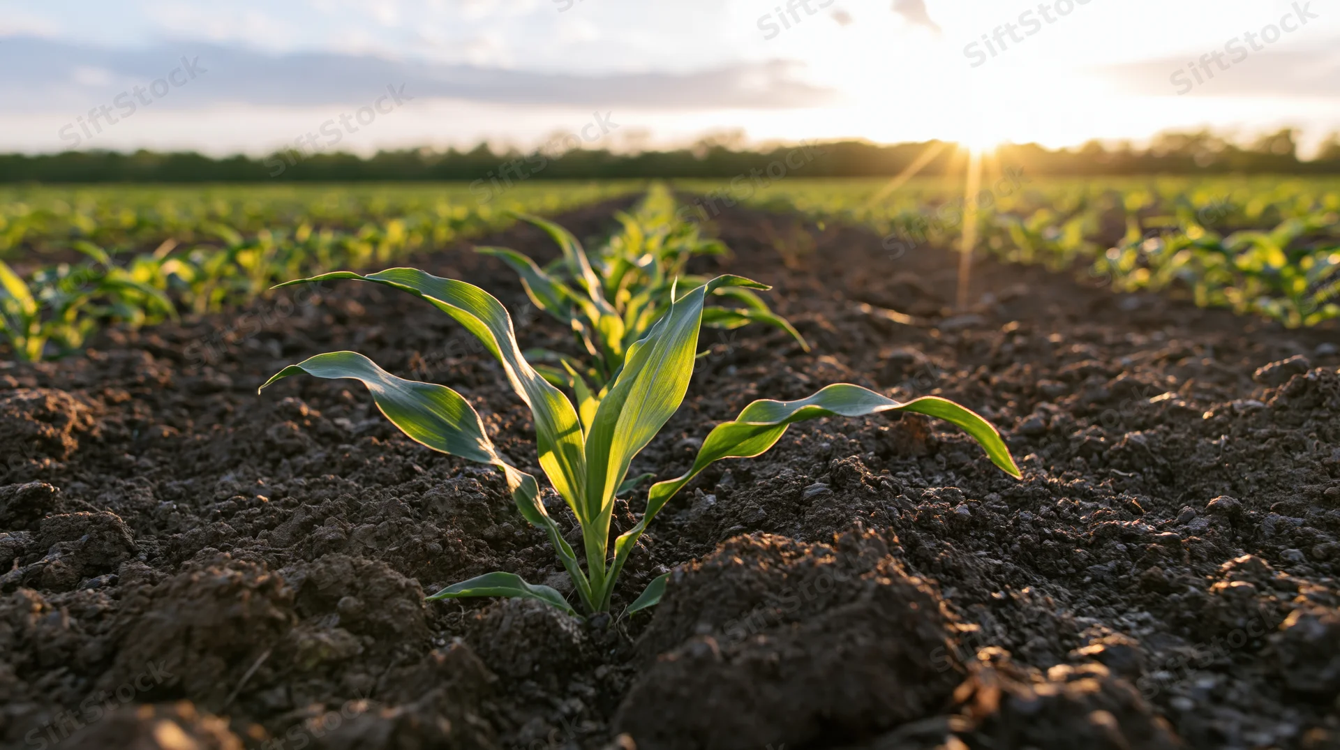 Young corn seedlings growing in rows in a tilled field at sunrise