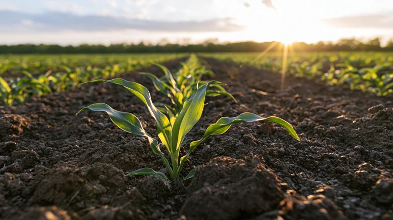 Young corn seedlings growing in rows in a tilled field at sunrise