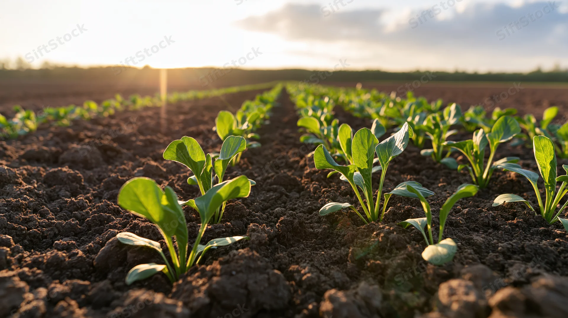 Young green seedlings growing in neat rows in tilled soil at sunrise in a farm field
