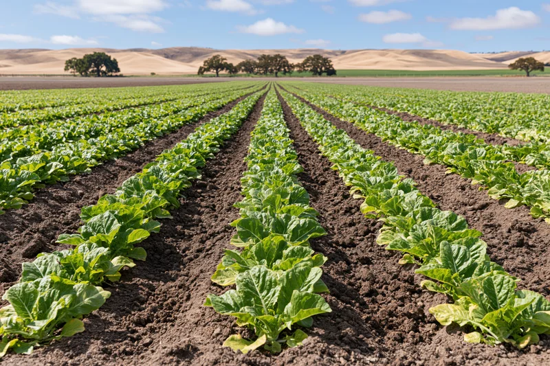 Rows of young lettuce plants growing in neat lines across a vast farm field under a blue sky with scattered clouds
