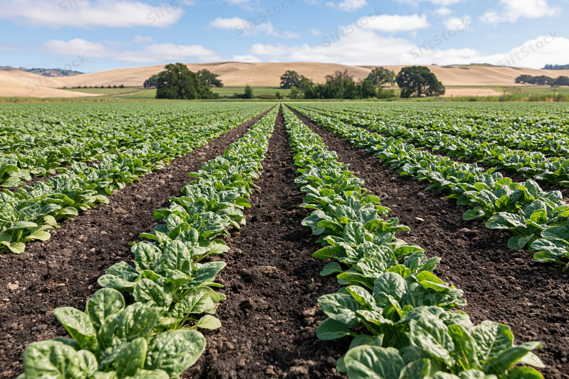Rows of young leafy green crops growing in a field under a blue sky with clouds