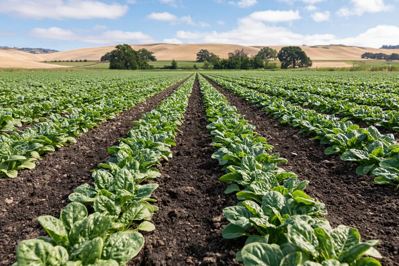 Rows of young leafy green crops growing in a field under a blue sky with clouds