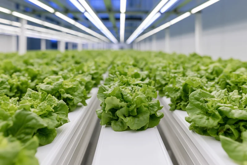 Rows of young lettuce plants growing in white trays under led lights in a hydroponic indoor farm