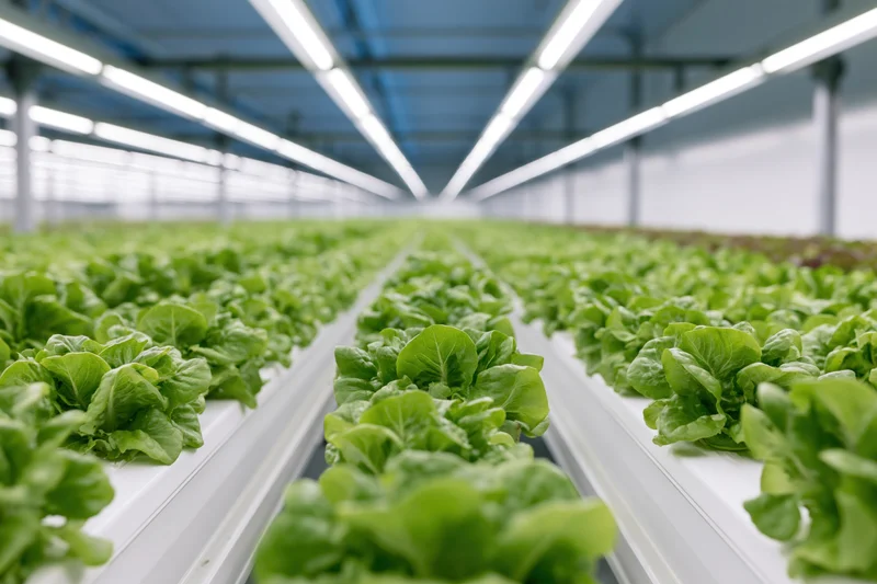 Rows of young lettuce plants growing in a hydroponic indoor greenhouse