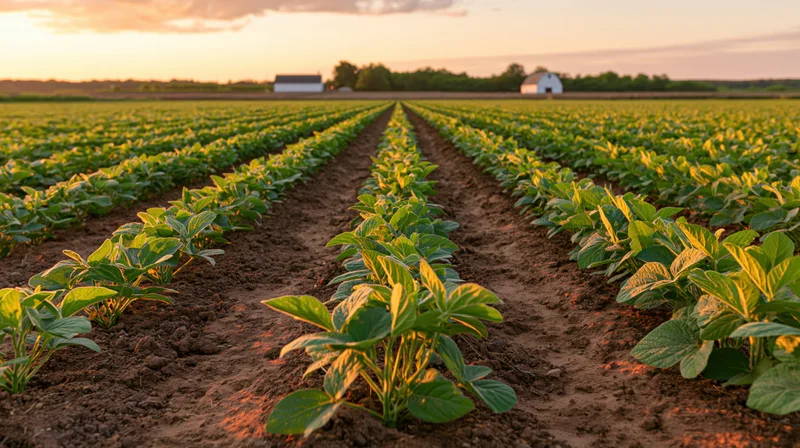 Rows of young soybean plants growing in a field toward a white barn at sunset