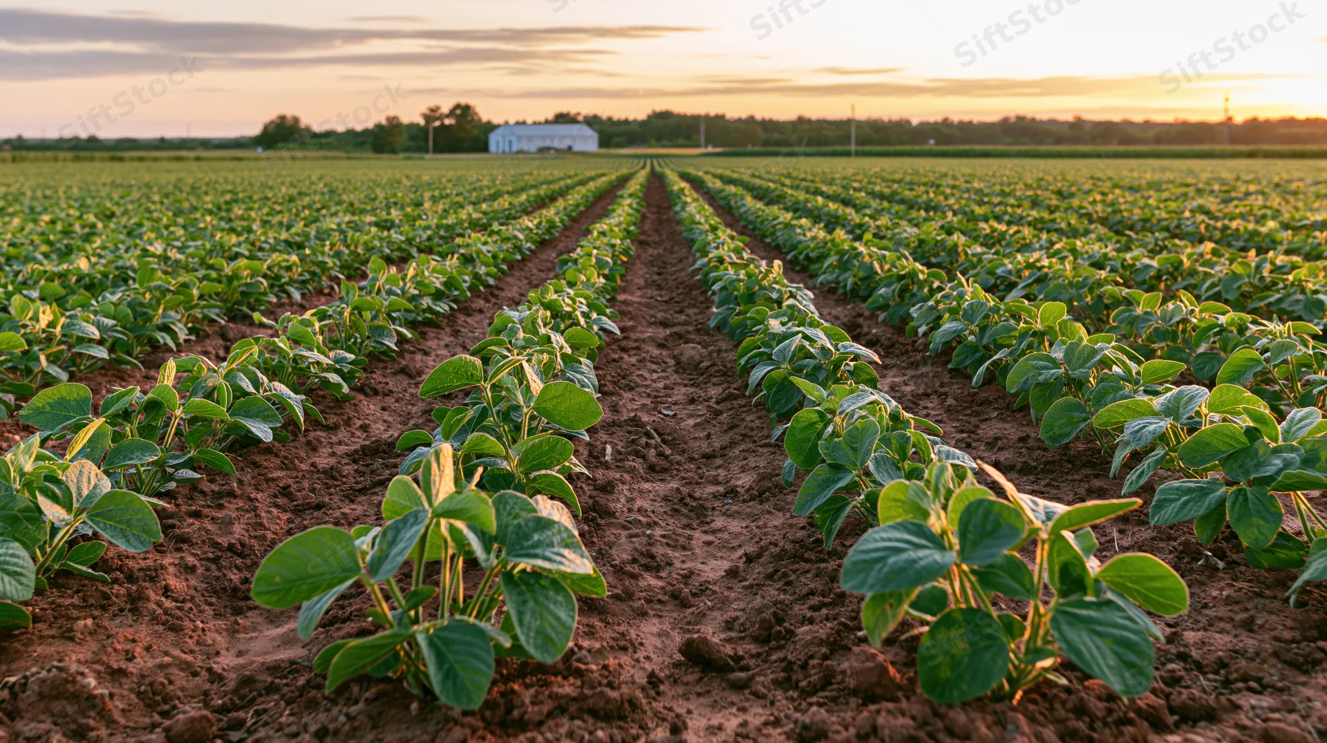 Rows of young soybean plants growing in a field toward a white barn at sunset