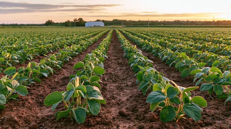 Rows of young soybean plants growing in a field toward a white barn at sunset