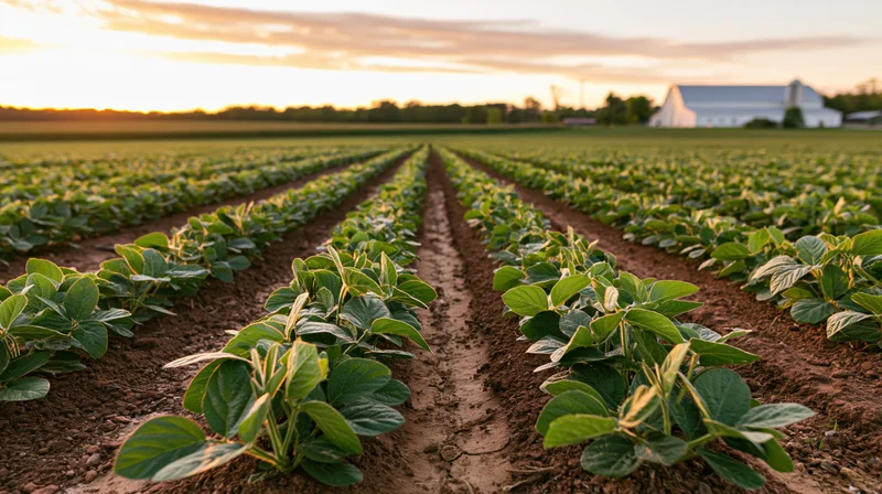 Rows of young soybean plants growing in a field toward a white barn at sunset