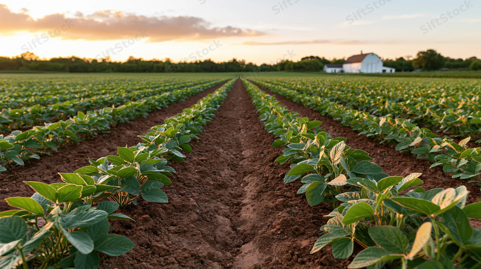 Rows of young soybean plants growing in a field leading toward a white barn at sunset