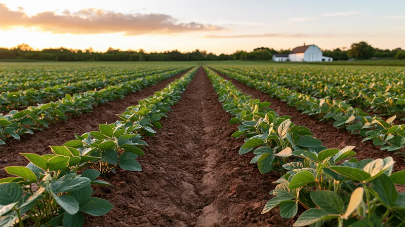 Rows of young soybean plants growing in a field leading toward a white barn at sunset