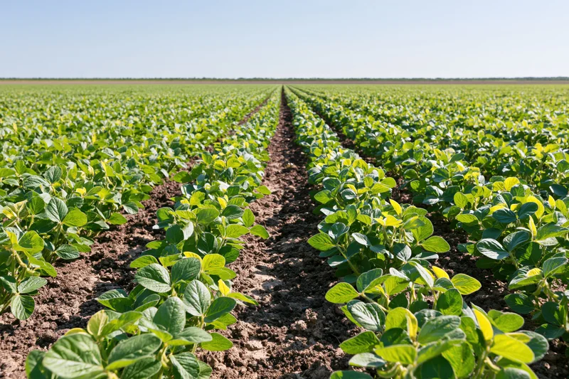Rows of young soybean plants growing in a field stretching to the horizon