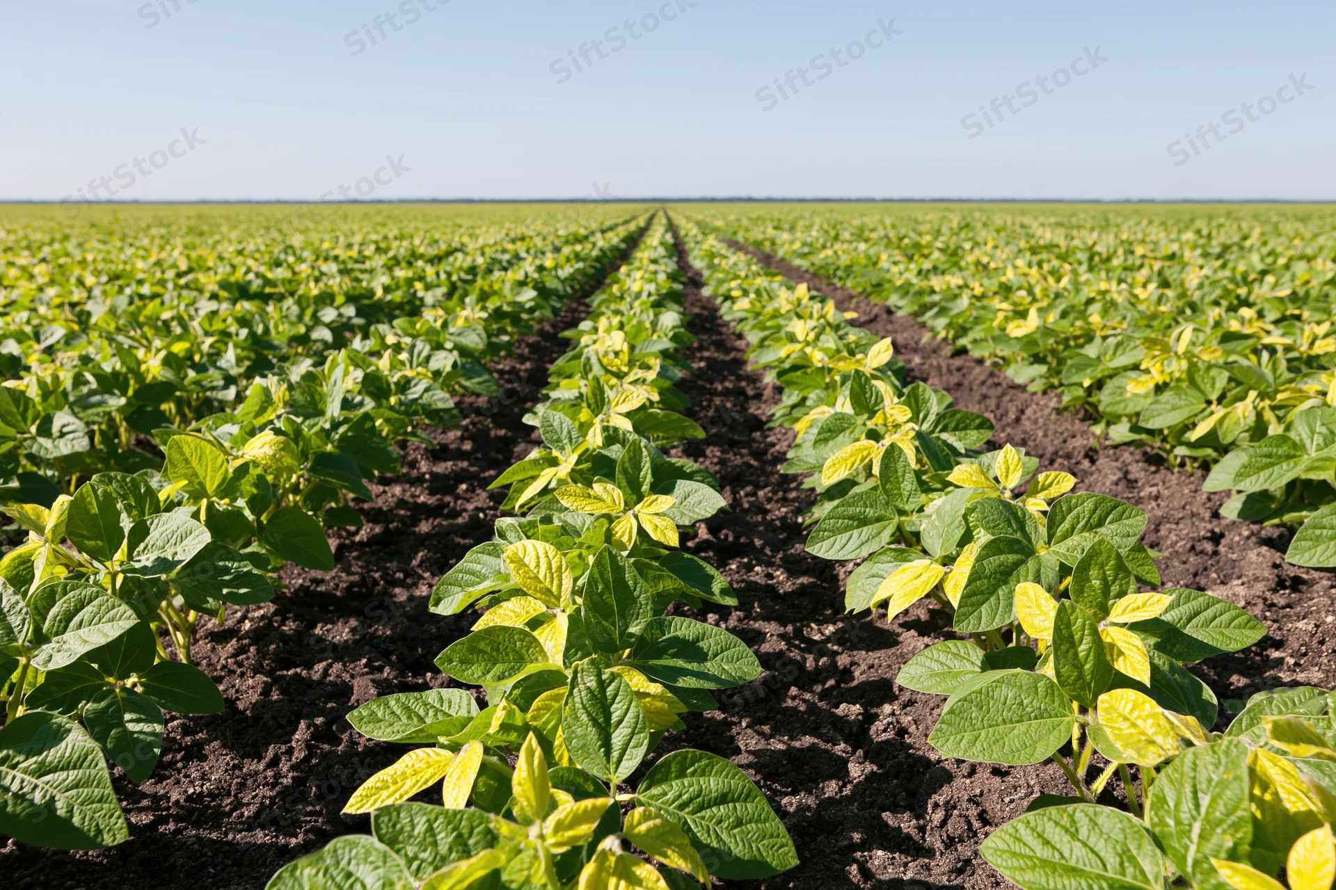 Rows of young soybean plants growing in neat lines across a vast field under a clear sky