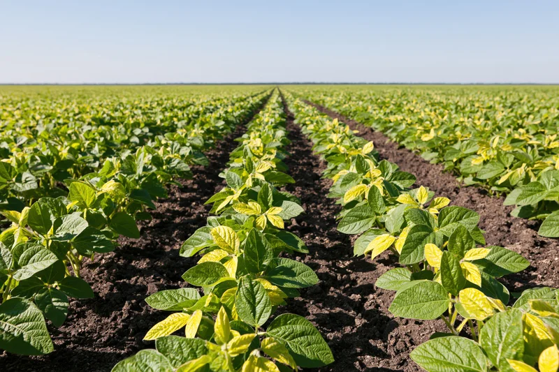 Rows of young soybean plants growing in neat lines across a vast field under a clear sky
