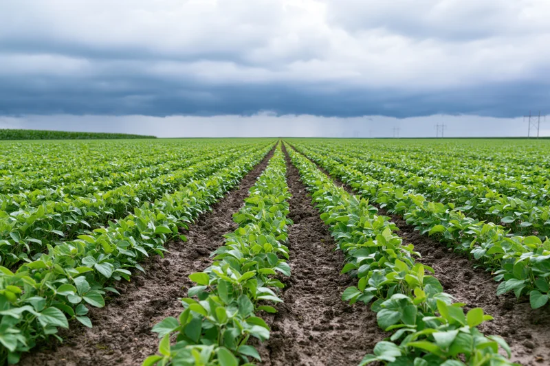 Rows of young soybean plants growing in neat lines across a vast field under a cloudy sky