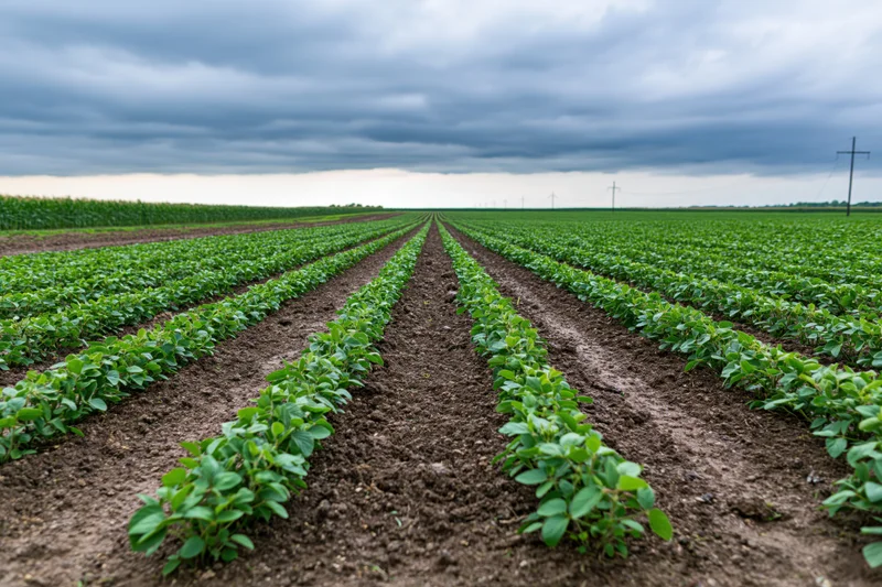 Rows of young soybean plants growing in a cultivated field under an overcast sky
