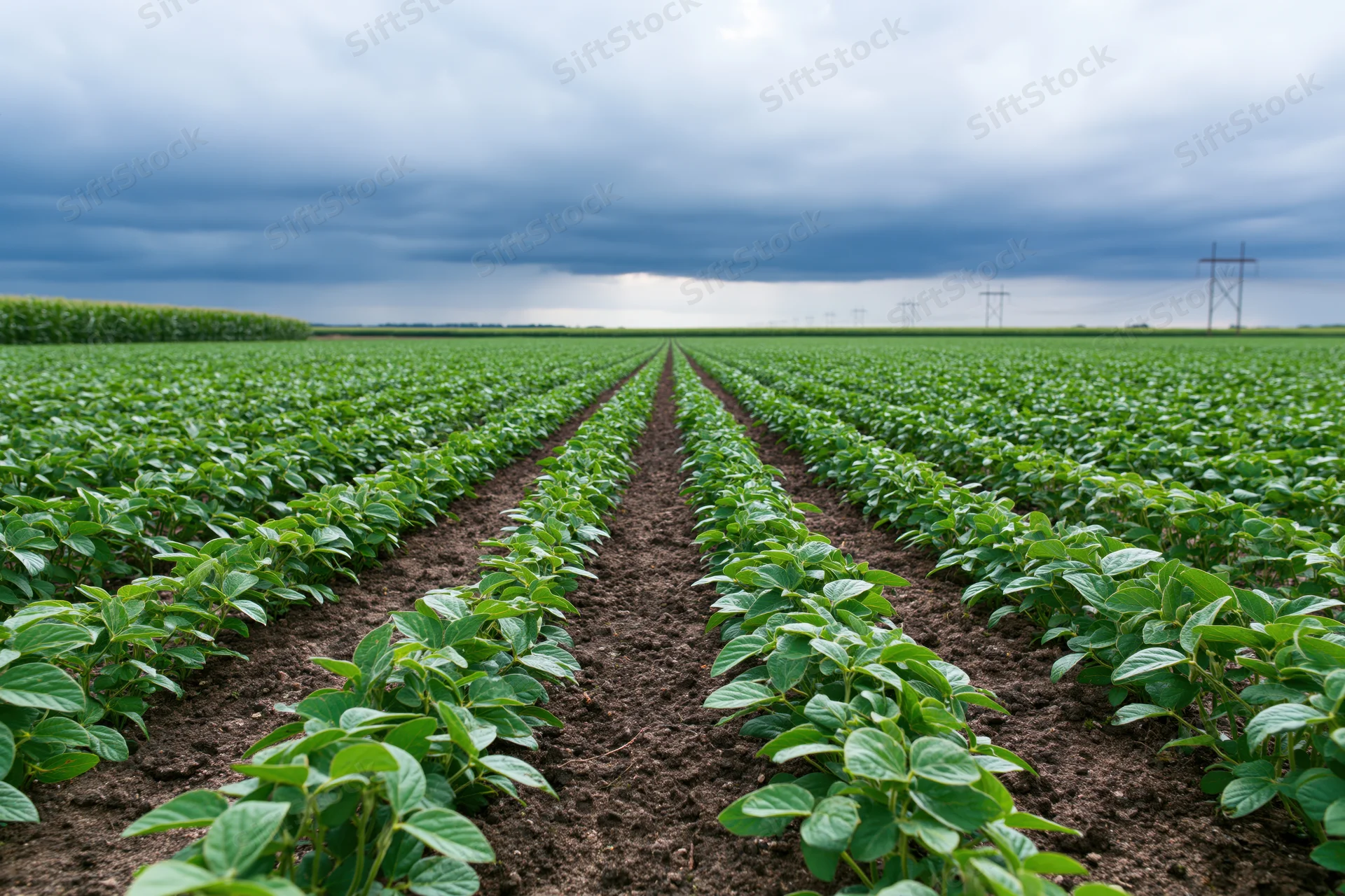 Rows of young soybean plants growing in neat lines across a vast field under a cloudy sky