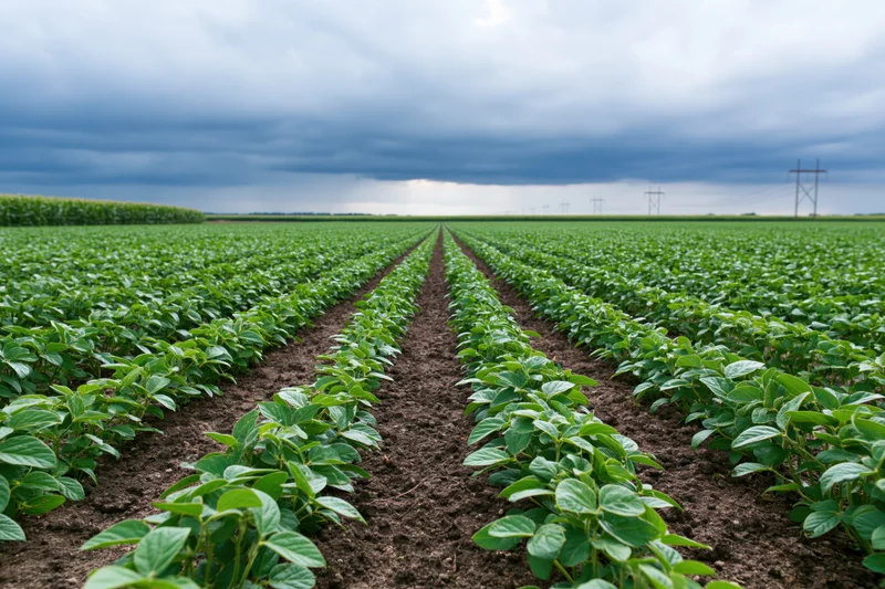 Rows of young soybean plants growing in neat lines across a vast field under a cloudy sky