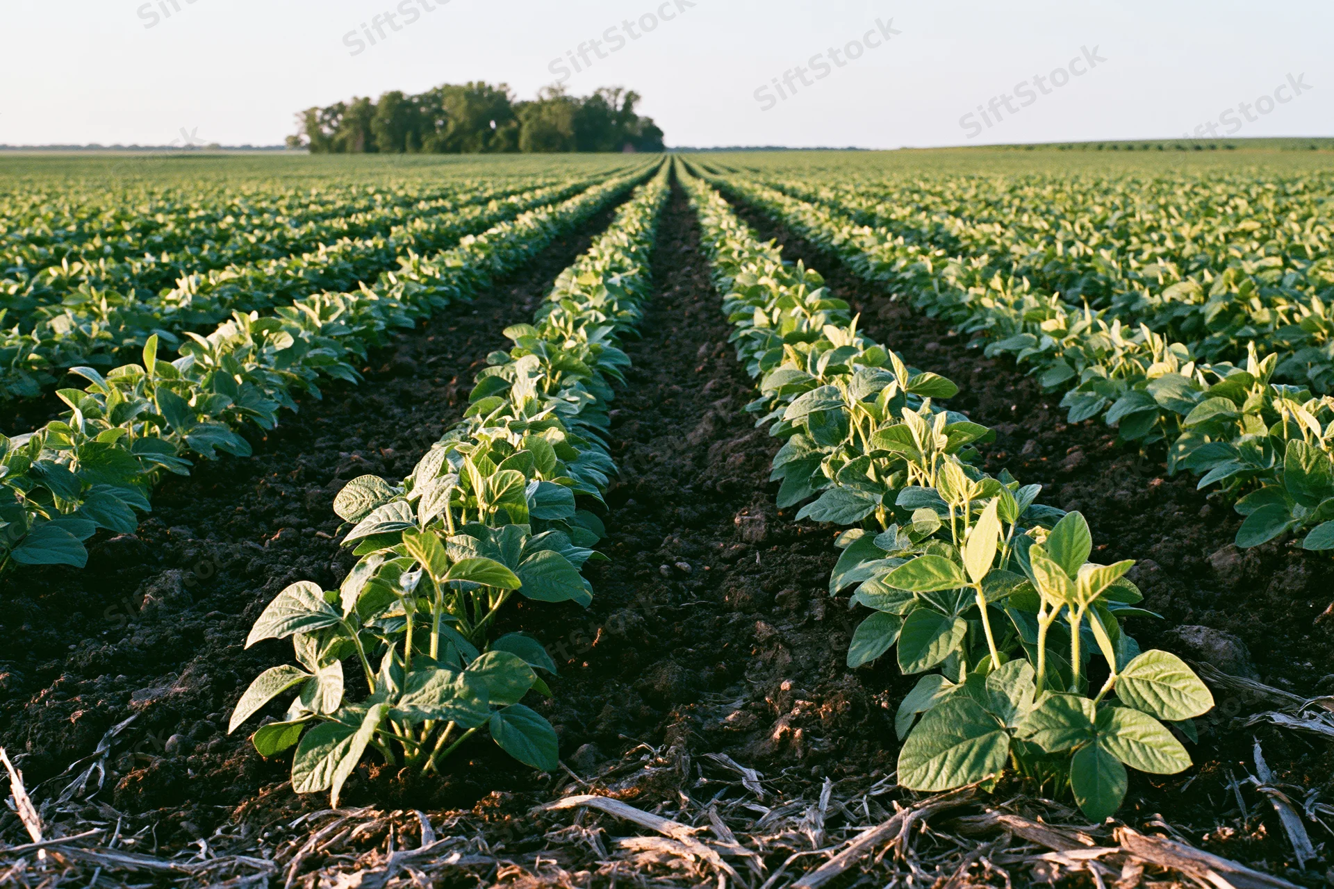Rows of young soybean plants growing in a field stretching toward the horizon