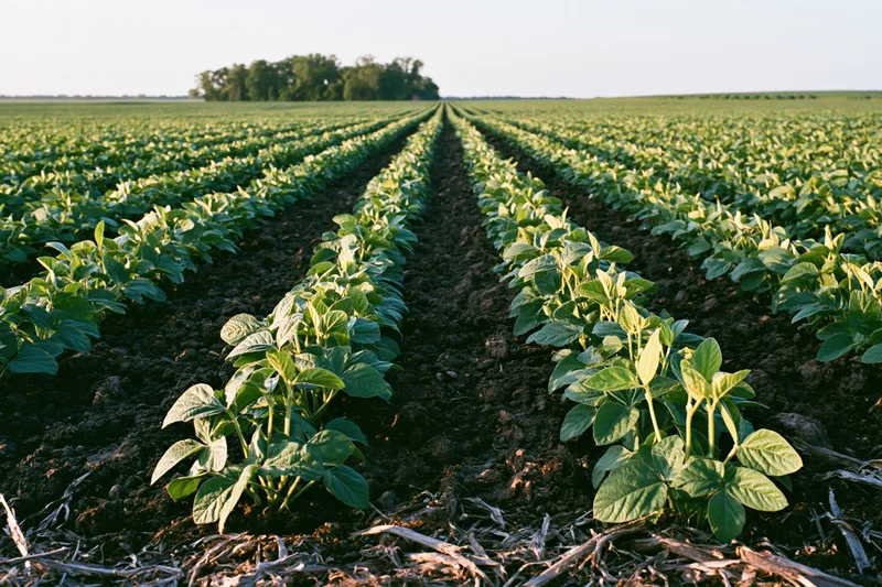 Rows of young soybean plants growing in a field stretching toward the horizon