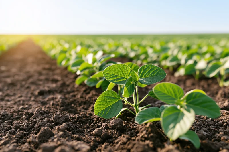 Young soybean seedlings growing in rows in dark tilled soil under daylight