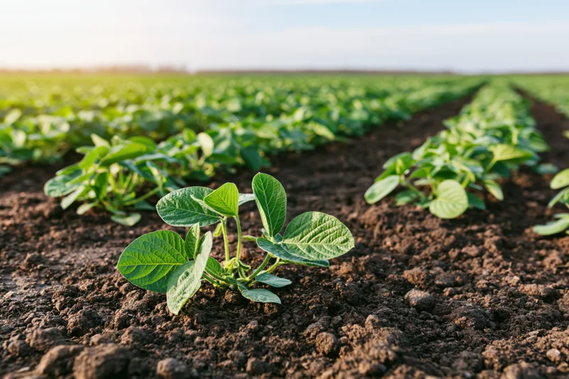 Young soybean seedlings growing in rows on dark tilled soil in a farm field