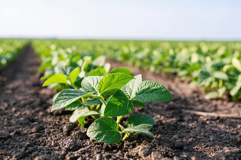 Young soybean seedlings growing in rows on dark tilled soil in a farm field