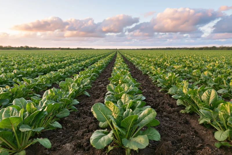 Rows of young sugar beet plants growing in a field stretching to the horizon under a cloudy sky at sunset