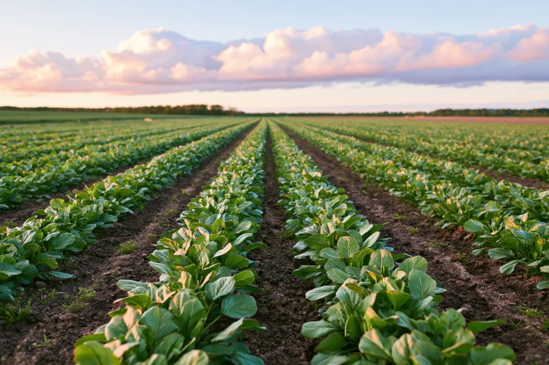 Rows of young sugar beet plants growing in a field stretching to the horizon under a cloudy sky at sunset