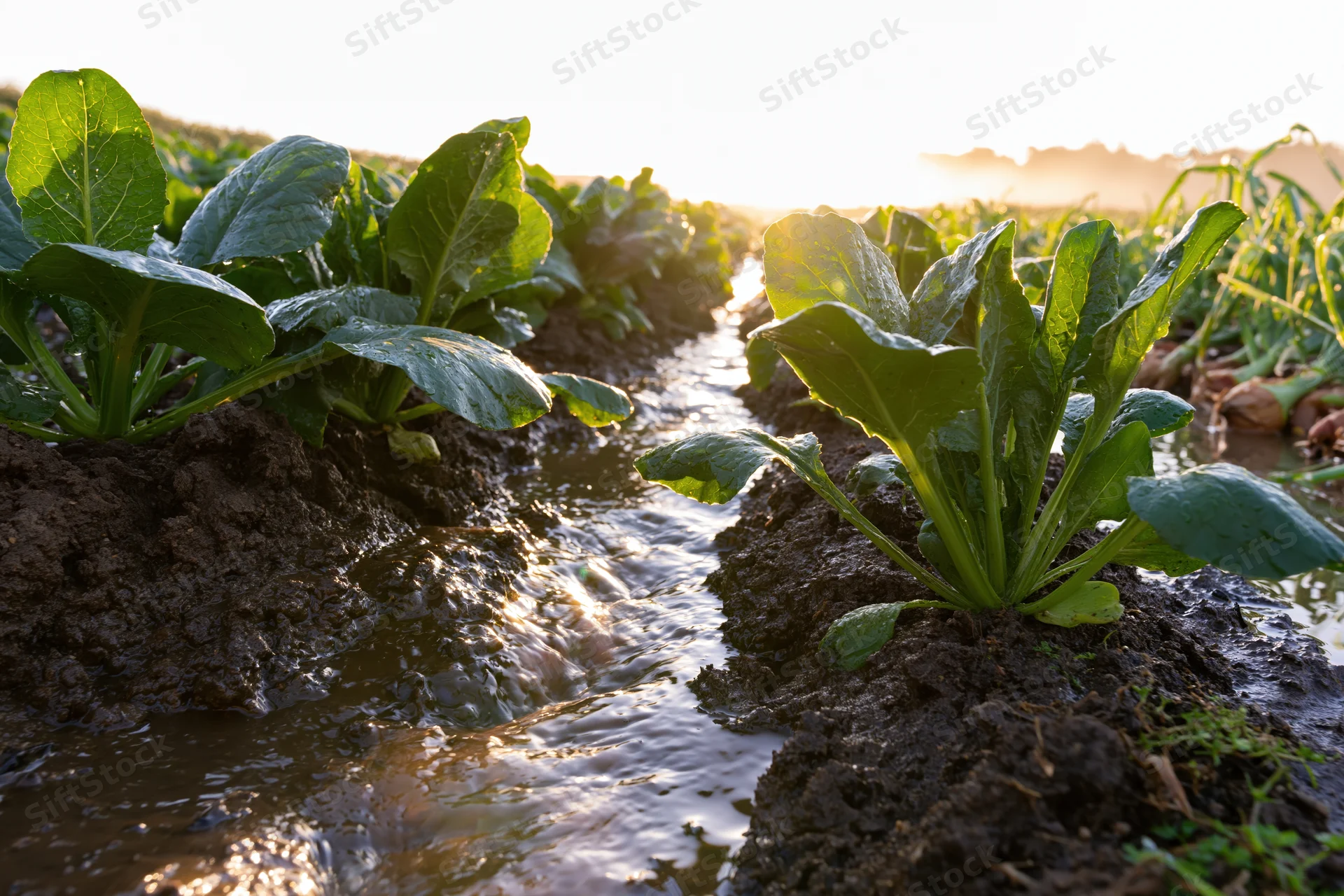 Rows of young vegetable seedlings growing in a field with water flowing between them during sunrise