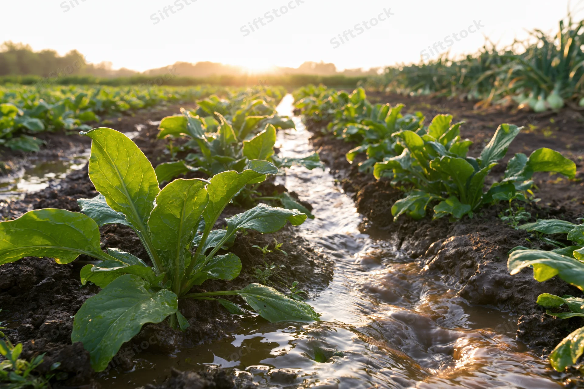 Rows of young vegetable seedlings growing in a field with water flowing through furrows at sunrise