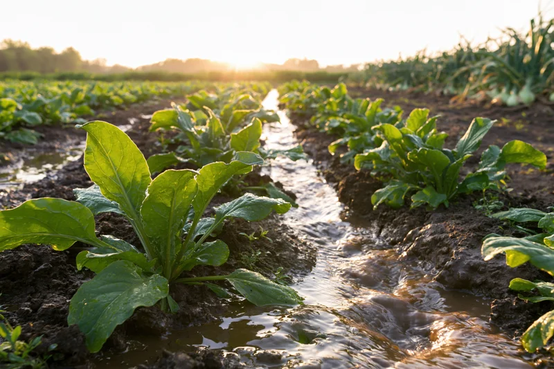 Rows of young vegetable seedlings growing in a field with water flowing through furrows at sunrise