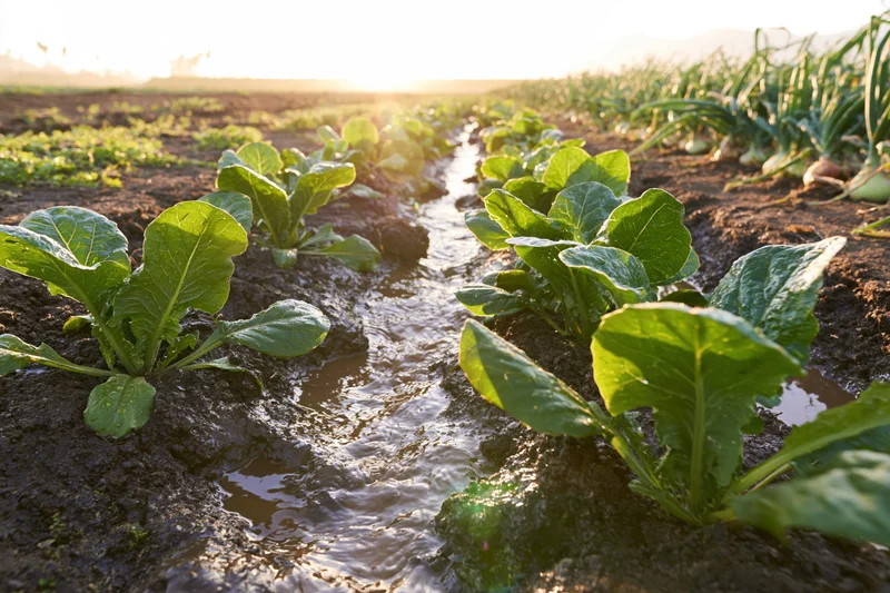 Rows of young vegetable seedlings in a field being flood-irrigated with water flowing between them at sunrise